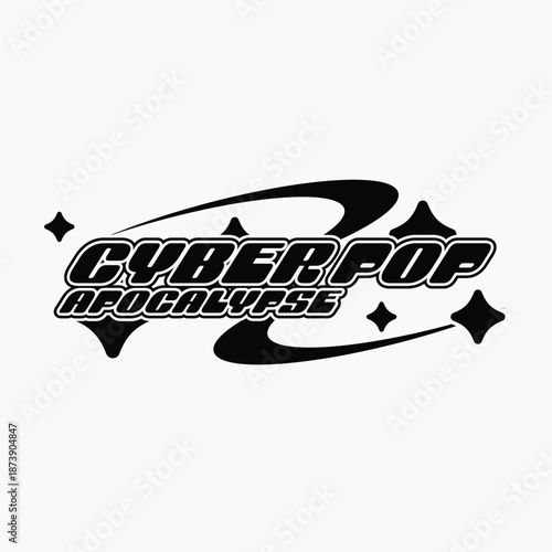 Bold 2000s Style Lettering with Abstract Cute Elements in Monochrome, 'Cyber Pop Apocalypse' Typography with White and Black Outlines