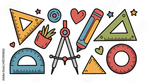 Geometry Tools and Symbols: A collection of vibrant and colorful geometric tools and symbols, evoking the essence of learning, creativity, and the joy of exploring mathematical concepts. 