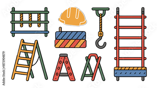 Construction tools equipment illustration: A collection of essential construction tools are arranged in an organized fashion, perfect for projects.