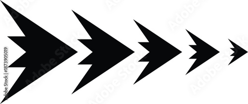 Five black abstract lightning bolt shapes decreasing in size arrow concept