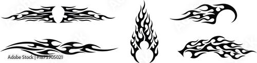 Black tribal flame designs set on white background fire tattoo