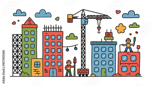 Construction Site in City:  A vibrant cityscape springs to life, illustrating the dynamic process of building and urban development. Illustrated city with construction
