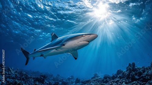 Wallpaper Mural A majestic shark glides through the clear ocean water as sunlight streams down from above, highlighting its sleek form and the vibrant coral reef below. Torontodigital.ca