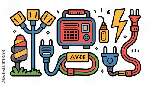 Electric Tools Illustration: An illustration showcasing electric tools and equipment, essential for various technical tasks. A vibrant image depicting essential components and tools.