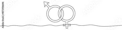 Two intertwined gender symbols. A symbol of a heterosexual couple, relationship, or gender. Drawing in one line art style with editable black stroke. Vector illustration.