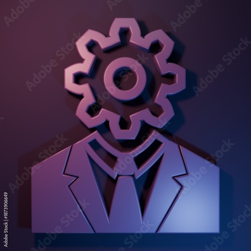 Purple Human head with gear inside icon isolated on purple-blue background. Artificial intelligence. Thinking brain. Symbol work of brain. Minimalism concept. 3D render illustration