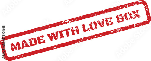 Distressed red rubber stamp graphic with MADE WITH LOVE BOX text for thoughtful packaging or gifts