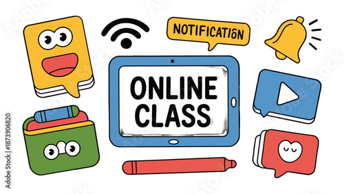 Digital Classroom: Vibrant graphic elements depict the modern educational landscape, with a tablet central to the scene, illustrating the world of online learning.