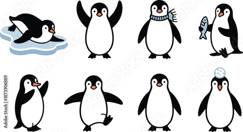 Set of Eight Cute Penguin Illustrations in Different Poses and Activities for Winter Themes