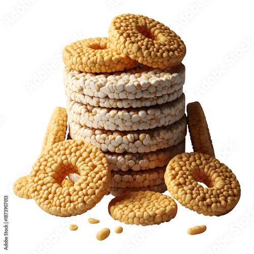 Stack of White and Yellow Puffed Rice Cakes Product Shot isolated PNG with Transparent Background
