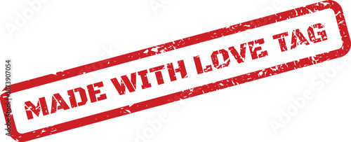 Distressed red rubber stamp with Made with Love Tag text, useful for product labeling and gift identification