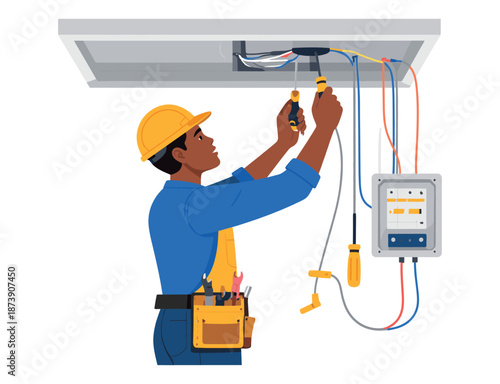 Male Electrician Installing Ceiling Wiring and Electrical Control Components with Professional Tools Illustration