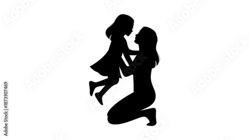 This is a tender black silhouette illustration of a mother kneeling and lifting her young daughter in a loving embrace.