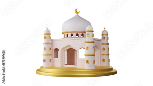 A realistic 3D architectural render of a majestic white mosque with golden domes and minarets presented on a circular platform