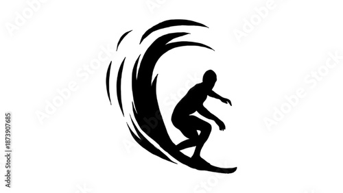 This is a minimalist black and white silhouette of a surfer skillfully riding inside a powerful, curling ocean wave