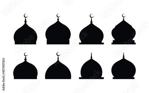 Collection of Mosque Dome Silhouettes Featuring Crescent Moon Finials for Islamic Design