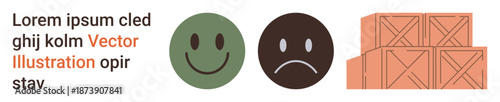 Customer satisfaction, supply chain, logistics, delivery services, emotions, workflow optimization. Green happy and brown sad face with stacked wooden crates. Customer satisfaction and logistics