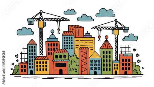 Cityscape Illustration: A vibrant illustration showcasing a cityscape bustling with construction cranes, buildings, and a serene sky.