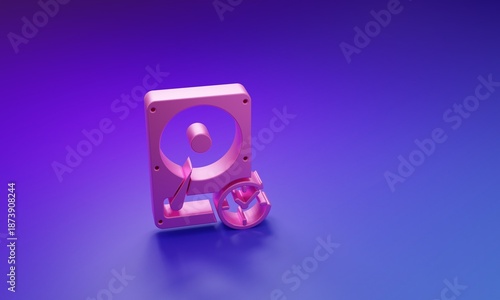 Pink Hard disk drive with clockwise sign, data recovery icon isolated on purple-blue background. Minimalism concept. 3D render illustration