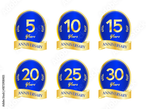 青ベース楕円メダル型・周年記念エンブレム6点セット（5・10・15・20・25・30年／リボン付き装飾素材／ベーシックなフォント）