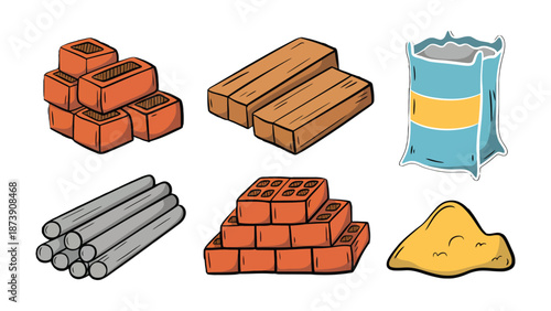 Construction Materials: A detailed depiction of essential construction materials, showcasing a brick, timber, cement bag, rebar, and sand, ready for building.