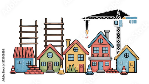 Dream Home Construction: A colorful illustration captures the exciting process of constructing cheerful houses, complete with essential equipment such as ladders, and a towering crane.