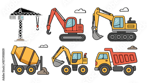 Construction Equipment Cartoon Collection: An engaging illustration showcases a variety of construction equipment, bringing to life the power and precision of machines.