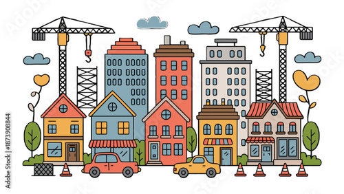 Urban Oasis: A charming depiction of a bustling city skyline, with colorful buildings, construction cranes, and the vibrant life.