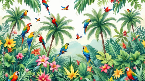 Seamless tropical jungle illustration featuring lush palm trees, exotic green plants, and colorful parrots. Botanical nature design ideal for wallpaper, fabric, interior decor, and surface patterns