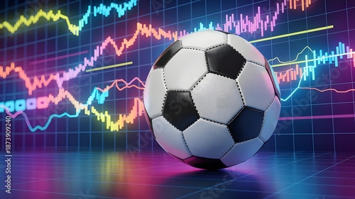 Soccer ball in front of dynamic financial charts representing sports betting and investment growth