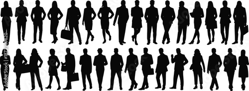 Business people silhouettes collection, professional men women standing walking poses, corporate team group, office workers black isolated vector set