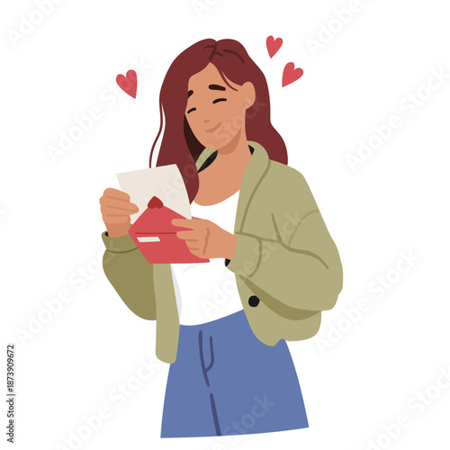 Pretty smiling girlfriend receiving greeting love card from boyfriend isolated on white background