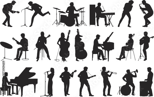 Music band silhouette collection, musicians playing instruments, live concert performance, jazz rock orchestra artists, black isolated people figures
