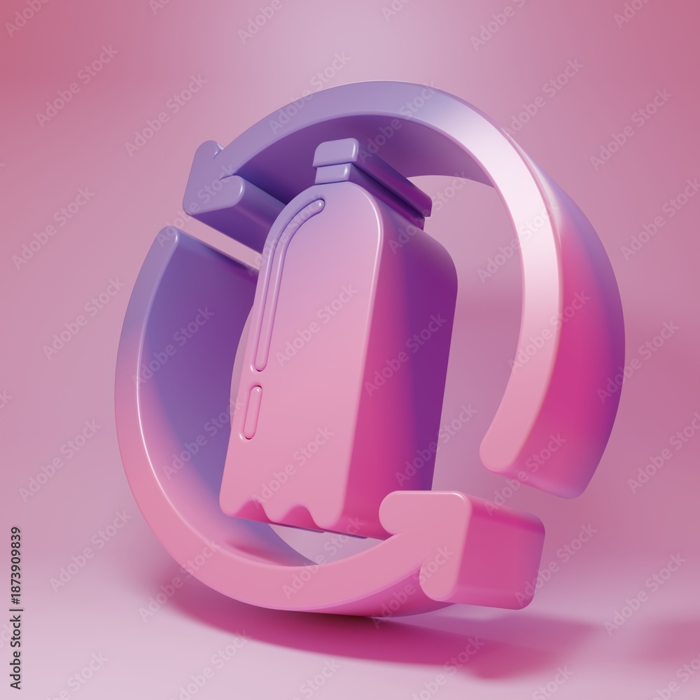 Obraz premium Purple-pink Recycling plastic bottle icon isolated on pink background. Minimalism concept. 3D render illustration
