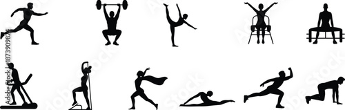 Fitness workout silhouette set, gym exercise training poses, strength yoga cardio activities, healthy lifestyle sport people action collection