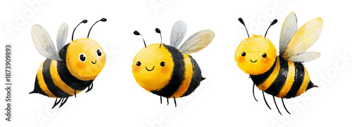 Adorable cartoon bumblebee set with happy  expressions. Flying insect characters near hives, spring blooms and sweet treats in cheerful vector illustration. Vector illustration.