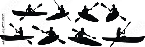 Kayaking silhouette collection, canoe paddling action poses on water, outdoor adventure sports figures isolated, rowing people outline set