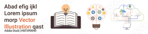 Education, knowledge sharing, innovation, technology, creativity, learning resources. Open book with a light bulb, gear icons inside a bulb and cloud technology network. Education and knowledge