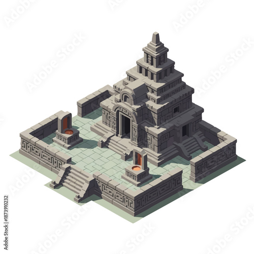 Isometric illustration of a gray stone temple with a dragon sculpture on the gate, set against a clean white background, conveying a sense of ancient cartoon architecture.
