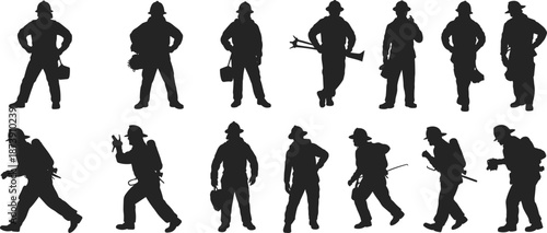 Firefighter silhouette collection, emergency responder poses with equipment, fireman action figures isolated, rescue worker outline set, safety profession concept