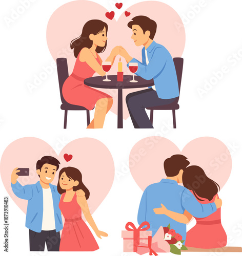 Illustration set of couples enjoying romantic dates together, including dining, gifts, and warm emotional moments.