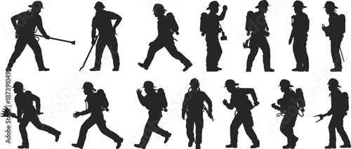 Firefighter silhouettes set, emergency rescue workers with equipment and oxygen tanks, fire brigade action poses, safety service professionals isolated