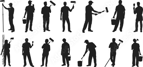 Painter silhouettes set, professional workers holding paint rollers and buckets, house renovation and maintenance concept, construction labor collection, black figures isolated