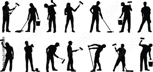Painter worker silhouettes, house painting professionals using rollers and buckets, renovation maintenance concept, construction labor teamwork, black figures, isolated white background