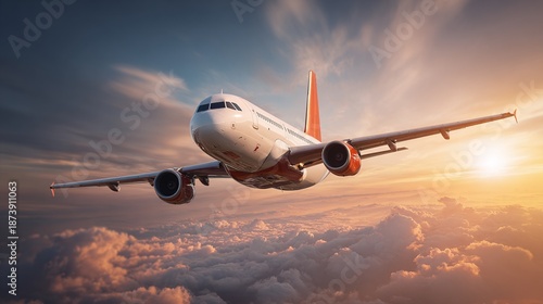 An airplane ascends through the clouds as the sun rises, its orange tail cutting through the sky. The airplane is contrasted against the warm sky, as the plane speeds through the air.