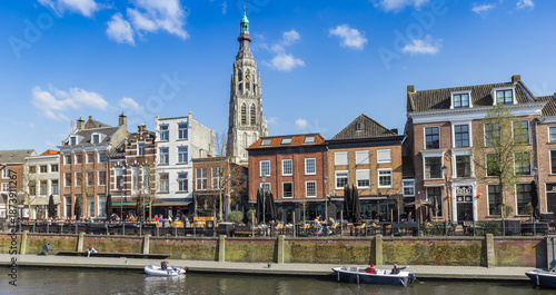 Panorama  of old houses and church tower at the canal in Breda, Netherlands