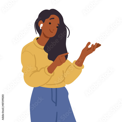 Young stylish casual woman cartoon character wearing earphones isolated on white background