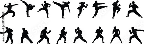 Martial arts silhouettes collection, fighters performing kicks punches boxing stances poses, combat sport action training set, isolated black warrior outline illustration
