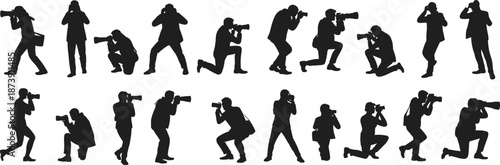 Photographer silhouettes action set, professional camera operators shooting kneeling standing poses, creative photography journalism concept, isolated black people outline illustration