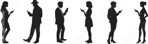 People using smartphone silhouettes collection, men and women texting messaging standing poses, modern mobile communication technology concept, isolated black human outline illustration